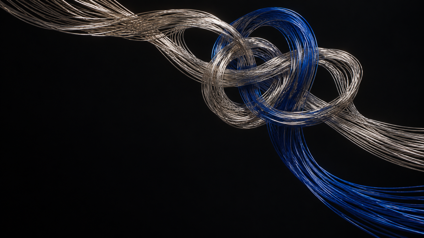 Fine silver and blue strands meeting in a suspended mathematical sculpture. A conceptual illustration.