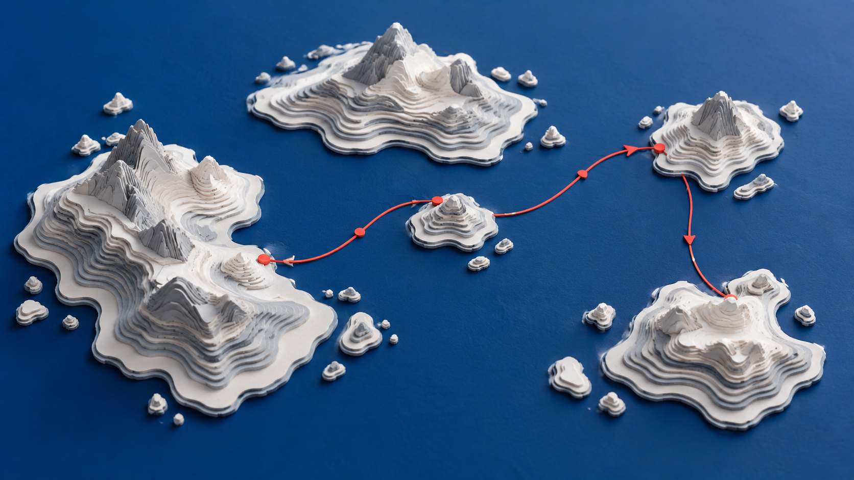 White contour-map islands connected by a red route on a dark blue ground. A conceptual illustration of exploring construction families.